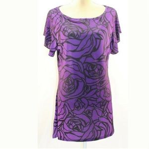 Lily Purple&Black Floral Flutter Sleeve Tunic  L